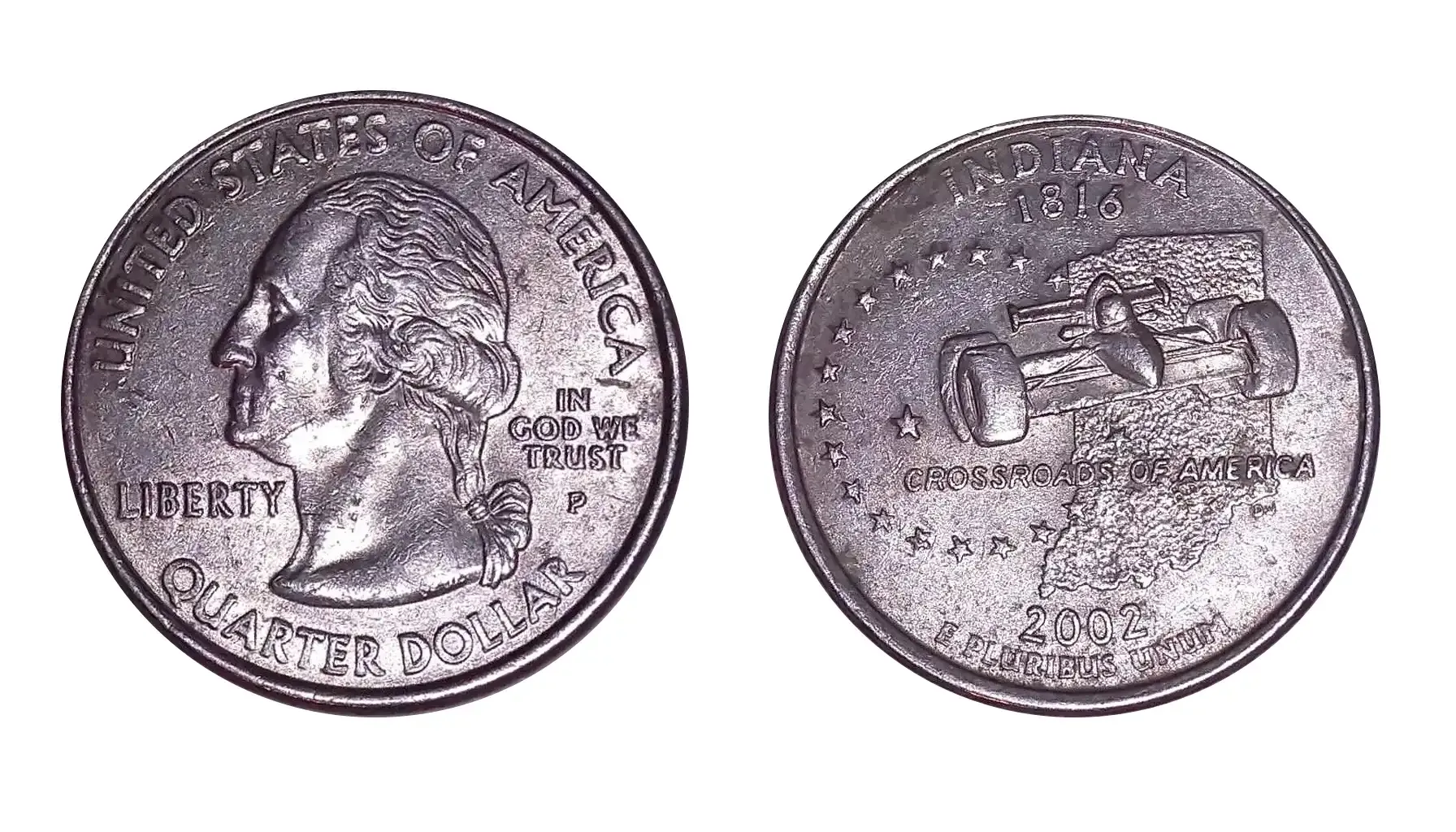 Side-by-side comparison: normal 2002 quarter obverse vs 2002-D Ohio DDO error showing doubling at the earlobe