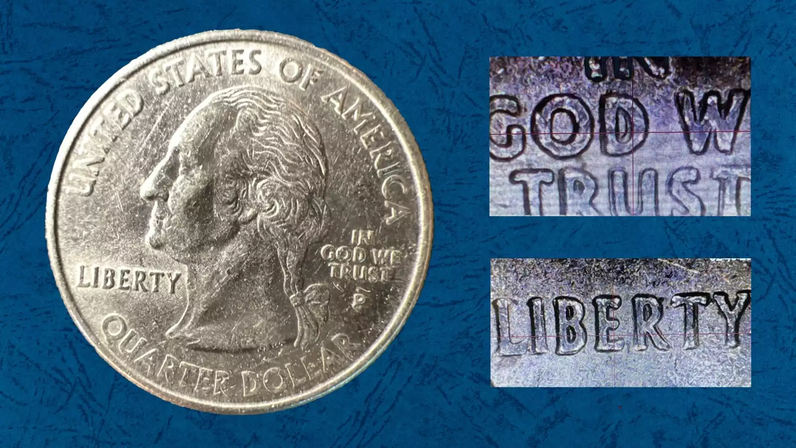2002-D Ohio quarter DDO error showing doubled Washington earlobe under magnification