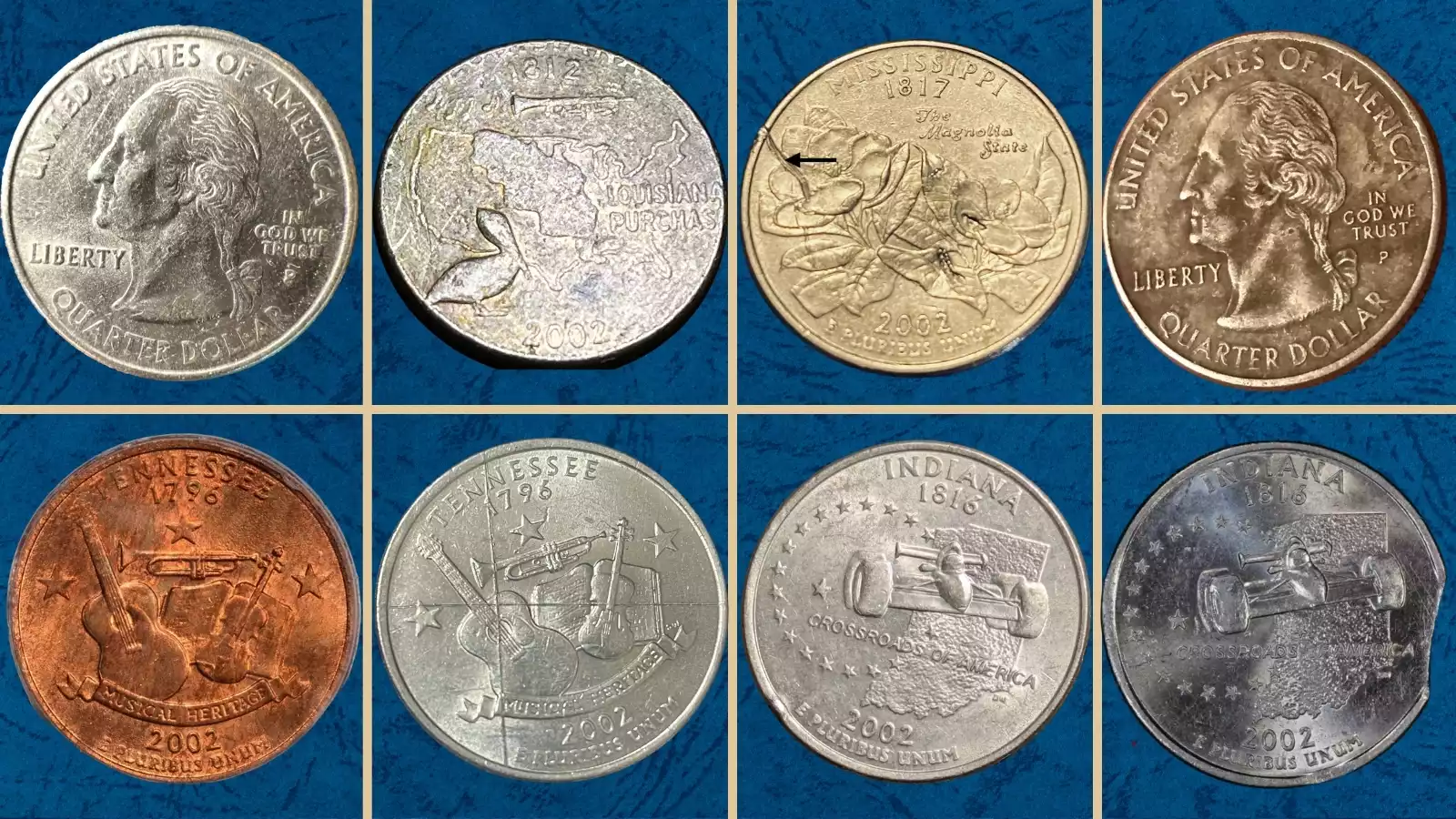 All five 2002 State Quarters arranged to show Tennessee, Ohio, Louisiana, Indiana, and Mississippi reverses