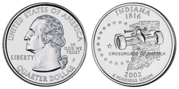 Grading strip showing four 2002 State Quarters ranging from heavily worn to gem uncirculated condition